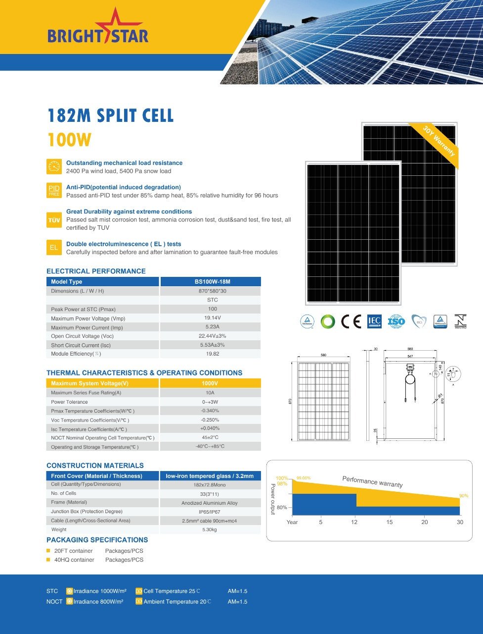 BRIGHTSTAR SOLAR PANEL 100 WATT